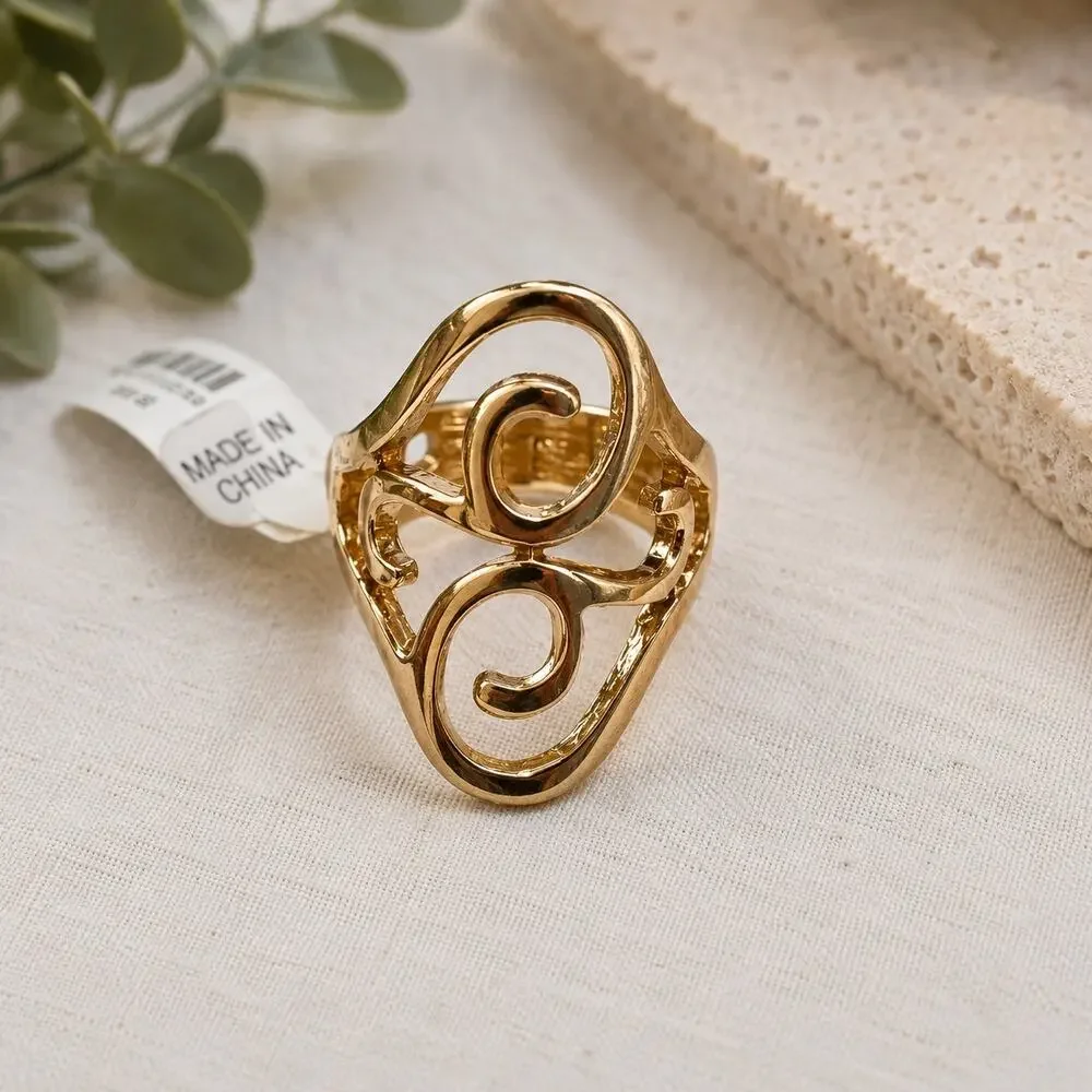 Avenue Gold Tone Abstract Swirl Statement Ring Openwork Wide Band Size 8 Approx